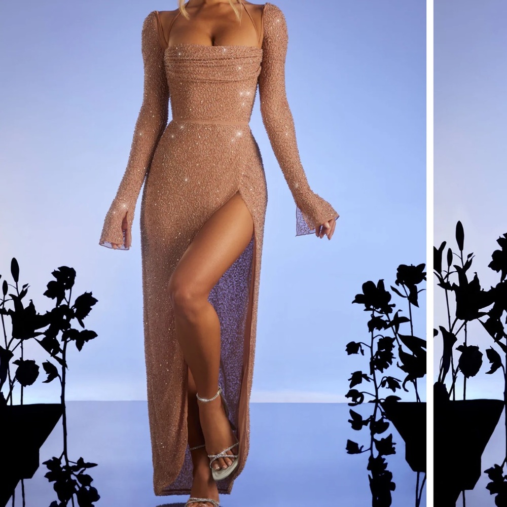 OH POLLY CHAMPEL
Embellished Cowl Neck Maxi Dress in Nude size 0